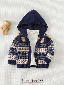 Cozy Pixies Baby Boy Cartoon Bear Pattern Knitted Soft Crew Neck Cardigan Autumn Winter Clothes For Girl Baby Boy Cardigan Baby Hooded Cardigan - Blue - View 3