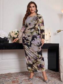 Modelyn 印花弹力网眼紧身连衣裙，优雅大码女式派对连衣裙，优雅修身长裙长款晚礼服 - 彩色 - 查看 6