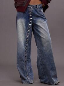 MUSERA 不对称纽扣细节阔腿牛仔裤，适合秋冬季夜间外出、街头风、可爱返校季、性感无痕时尚 - 藏蓝色 - 查看 1