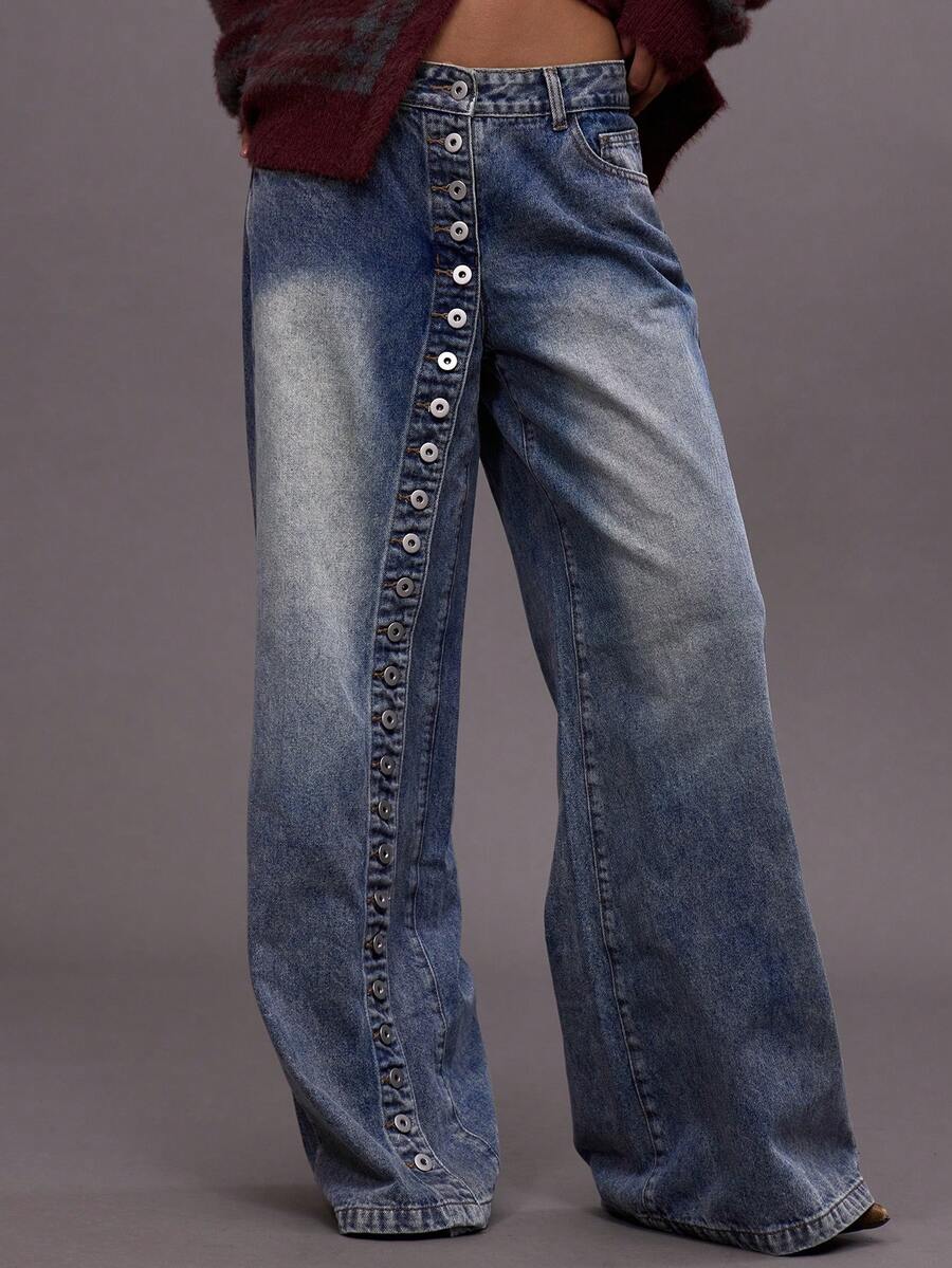 MUSERA 不对称纽扣细节阔腿牛仔裤，适合秋冬季夜间外出、街头风、可爱返校季、性感无痕时尚 - 藏蓝色 - 查看 1