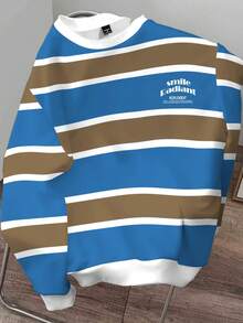 Manfinity Joysei 男士标语条纹印花圆领长袖休闲套头卫衣，秋季款 - 彩色 - 查看 1