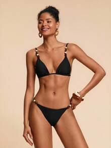 SHEIN TRVLCHIC Women's Solid Color Sexy Bikini Swimsuit Set, Summer Beach, Random Mixed Color Beaded - Black - View 3