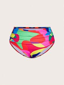 Swim Oasis 大码女式几何印花拼布荷叶边比基尼套装带罩衫裙，海滩度假 - 彩色 - 查看 5