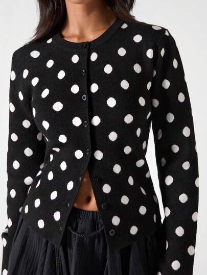 LYSMO 2025新款极简主义冬季女式波点图案长袖单排扣休闲针织开衫，适合秋季、新年、圣诞节、感恩节派对穿着