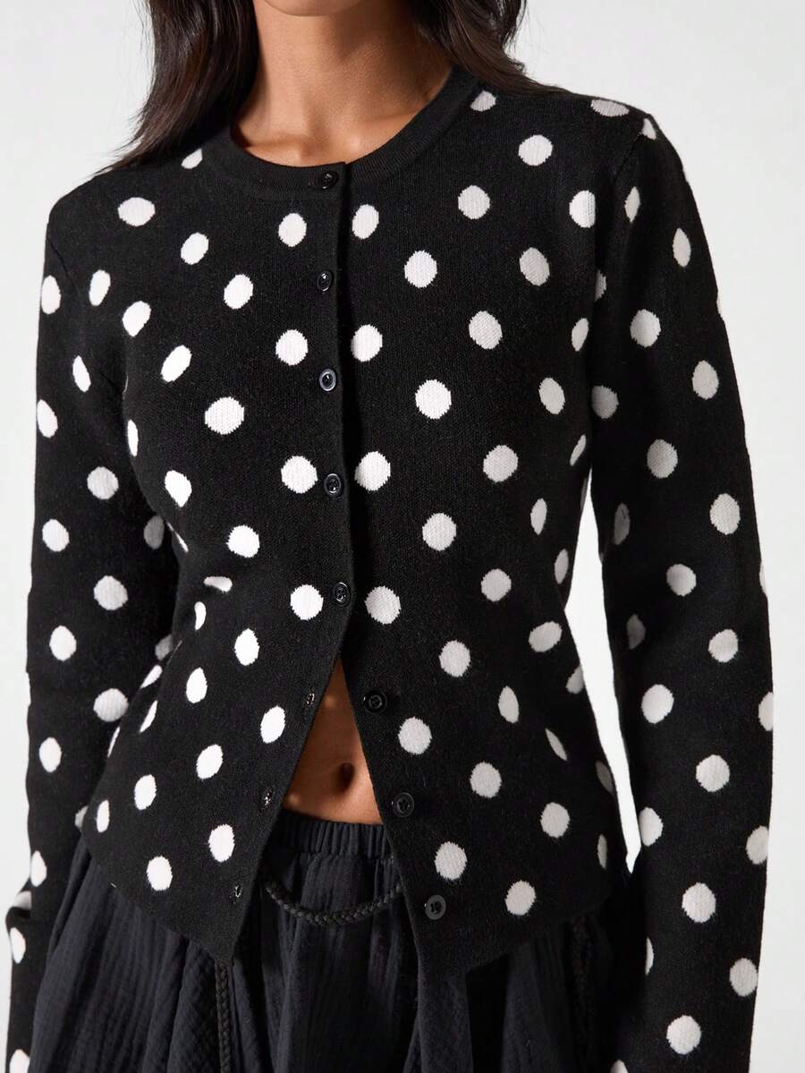 LYSMO 2025新款极简主义冬季女式波点图案长袖单排扣休闲针织开衫，适合秋季、新年、圣诞节、感恩节派对穿着 - 黑色 - 查看 1