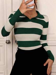 Modelyn Women's Striped Turtleneck Long Sleeve Fitted Sweater, Autumn/Winter - Green - View 3