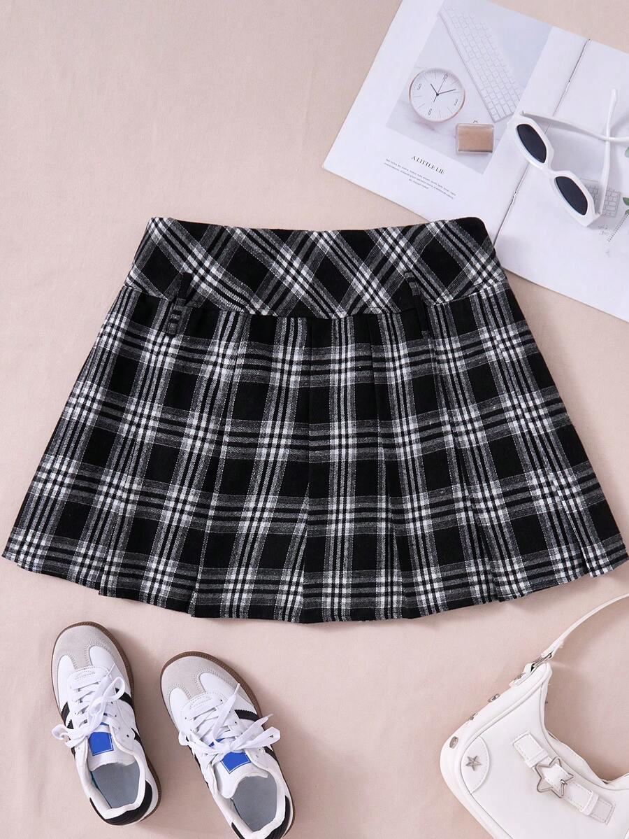 SHEIN EZwear 大码女式格子迷你裙，休闲学院风，秋冬 - 彩色 - 查看 1