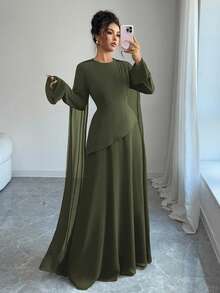 Elenzga Women's Elegant Middle Eastern Style Vintage French Chic Dress, Featuring Layered Bodice With Adjustable Cinched Waist, Flared Skirt With Chiffon Hem, Long Flared Sleeves, And Shoulder Drape Details, Suitable For Parties, Autumn/Winter - Army Green - View 3