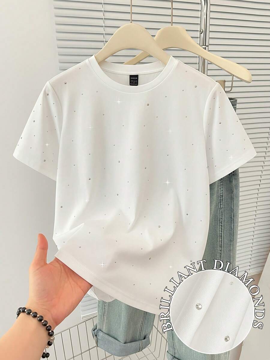 EMERY ROSE Women's Casual Solid Color Rhinestone Embellished Round Neck Short Sleeve T-Shirt, Suitable For Daily Wear, Autumn - White - View 1