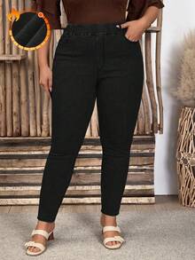 EMERY ROSE Jeans pitillo de talla grande lavados y elásticos para invierno - Negro - Ver 1