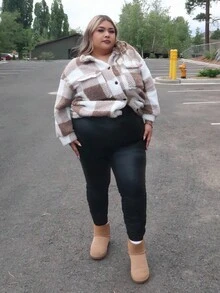 SHEIN Unity 大码女式秋冬休闲时尚基本款大码保暖黑色弹力 PU 皮革紧身裤、女式下装、冬装、曲线裤、街头服饰、皮裤、羊毛紧身裤、保暖内衬紧身裤、保暖紧身裤、女式紧身裤 - 黑色 - 查看 4
