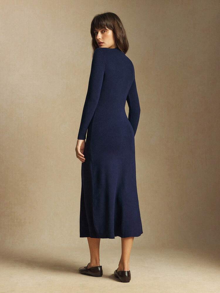 BizChic 2025 Vestido de punto de mujer con cuello redondo, hilera única de botones metálicos en el bajo y falda acampanada, para invierno y verano. Moderno y elegante para fiesta, viajes urbanos, trabajo. Adecuado para salidas, citas, fiestas, conciertos, festivales de música, brunch, aeropuerto, vacaciones de verano. - Azul Marino - Ver 4