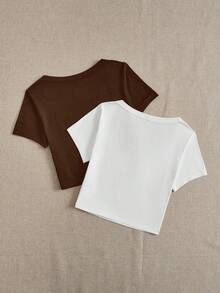 SHEIN EZwear 2pcs Brown & White Casual Minimalist Round Neck Short Sleeve Cropped Fitted Women T-Shirts - Multicolor - View 2