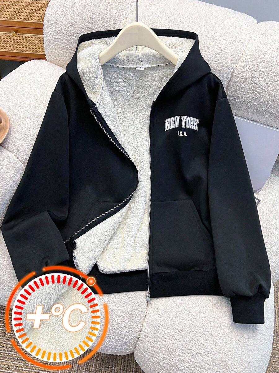 SHEIN 少女黑色毛绒连帽运动衫，保暖内衬夹克，适合女孩的秋冬服装 - 彩色 - 查看 1