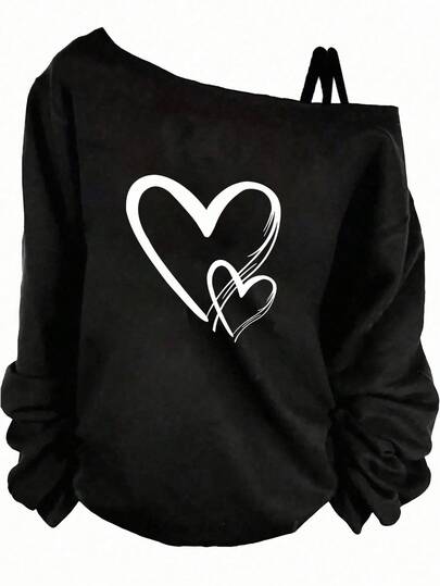 Girlism Camiseta de manga larga con tirantes oblicuos para niñas preadolescentes, adecuada para verano, casual, deportes, universidad, sudadera linda para adolescentes, parte superior de sudadera con estampado de corazones negros de manga larga, primavera/otoño/Navidad, día festivo/familiar/Feliz Año Nuevo
