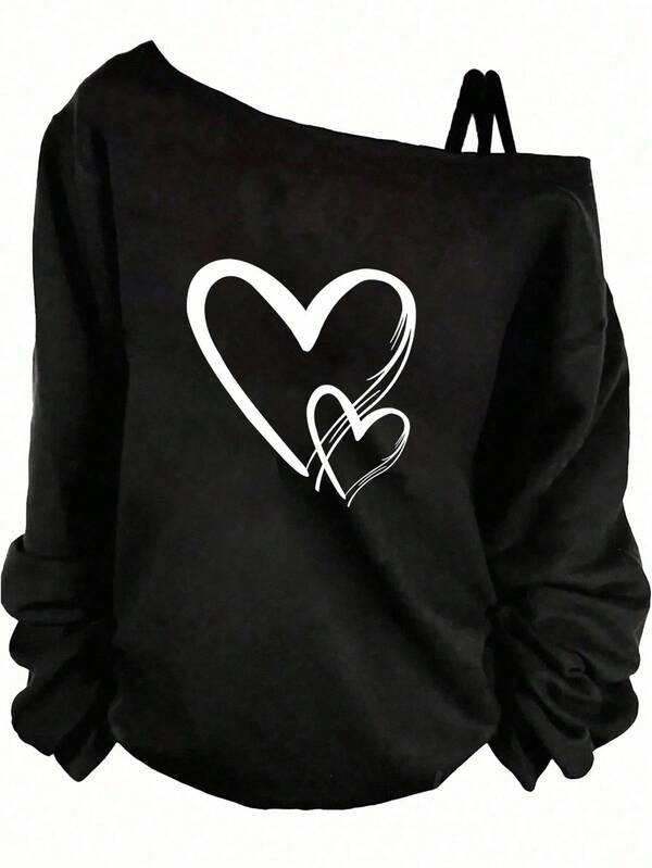Girlism Tween Girls Black N White Oblique Shoulder Strap Long Sleeve T-Shirt,Autumn Casual Holiday Cute Sweatshirt Y2k Tops Black Hearts Print Sweat Tops