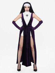 ROMWE Avant Váy hóa trang Halloween in hình chữ thập màu tương phản cổ đứng tối màu - Màu tím - Xem 7
