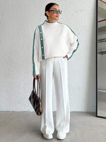 EURMUSE Casual Color Block Stand Collar Sweater, Autumn/Winter - Mint Green - View 7