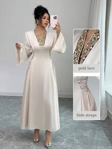 Yasmyna 女式纯色梭织拼布蕾丝边系腰长袖A字阿拉伯风连衣裙 - 杏色 - 查看 1