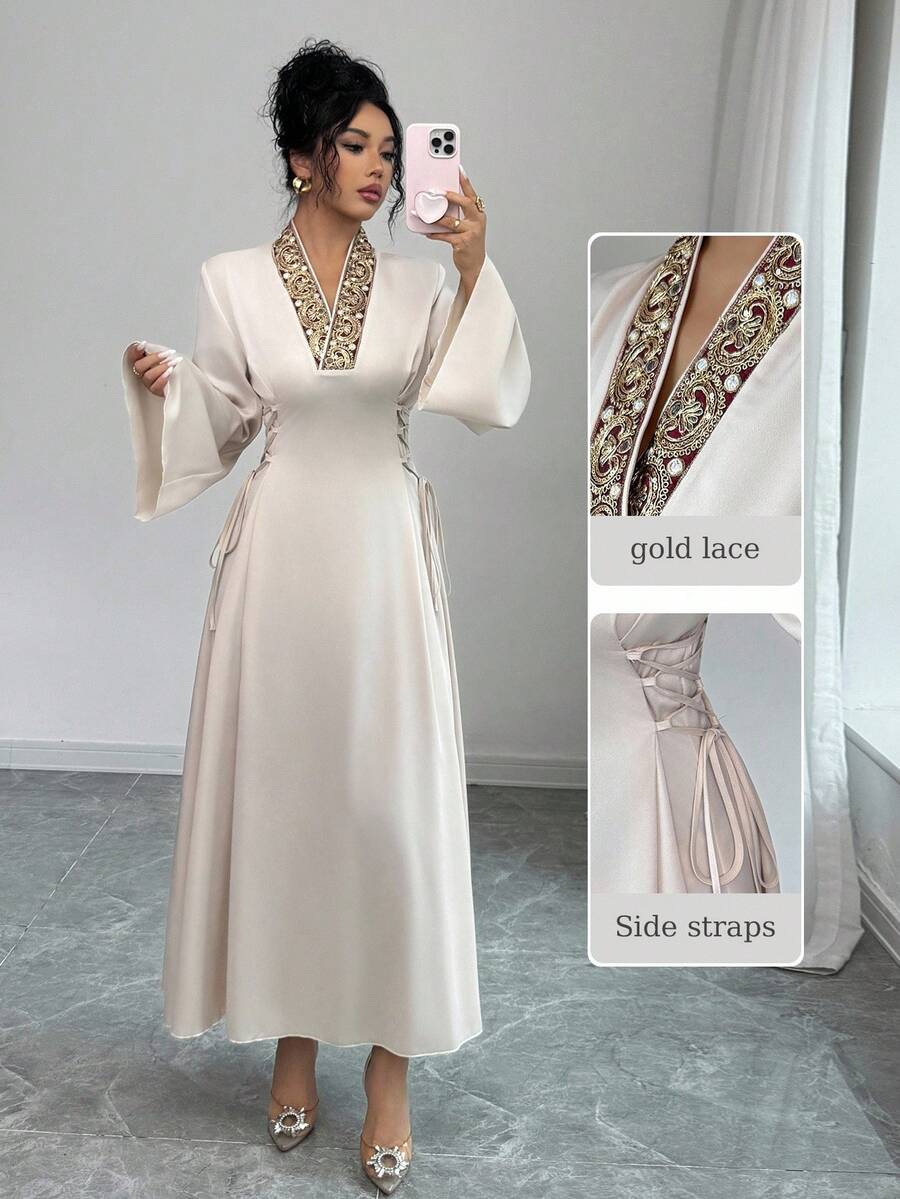 Yasmyna 女式纯色梭织拼布蕾丝边系腰长袖A字阿拉伯风连衣裙 - 杏色 - 查看 1