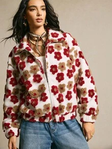 SoleilVie 女式宽松落肩花卉印花大衣 - 紅白色 - 查看 6