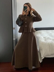DAZY Elegante conjunto de 2 piezas: chaqueta holgada de negocios casuales en color marrón y falda de línea A, adecuado para la oficina y el transporte en otoño/invierno - Café integral - Ver 4