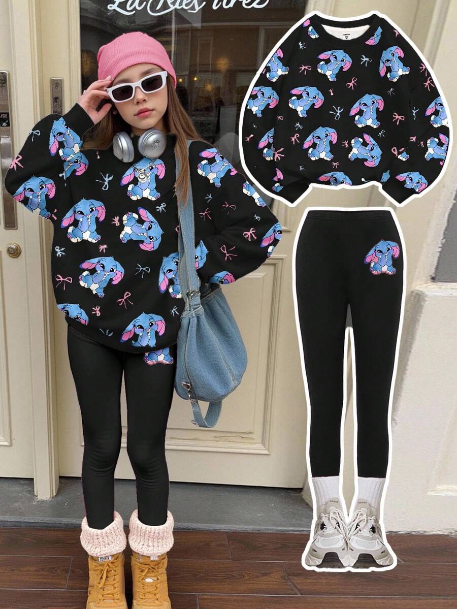 SHEIN 2pcs Tween Girls Casual Soft Round Neck Long Sleeve Sweatshirt & Leggings Set, Featuring Cute Cartoon Blue Rabbit Lulu, Bow, Stitch Pattern, Suitable For Autumn/Winter - Multicolor - View 1