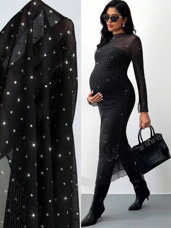 MaterniWear Vestido elegante de manga larga, ajustado, con cuello mao, de malla con rhinestones para mujeres embarazadas