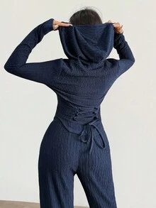 Modelyn 女士针织海军蓝纹理面料长袖连帽开衫和宽松长裤两件套服装，适合秋冬季外出约会的休闲装 - 藏蓝色 - 查看 3