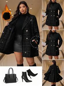 SHEIN Clasi 秋冬大码纽扣装饰翻领长袖羊毛大衣