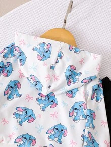 SHEIN 2pcs Girls Cute Stitch Hoodie Sweatshirt Set + Patchwork Leggings, Autumn/Winter