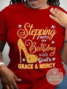 Calvaya 加大码女式口号高跟印花圆领短袖休闲 T 恤，适合生日或新年服装图案 T 恤女式上衣 - 紅色 - 查看 1