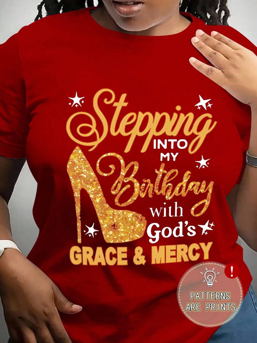 Calvaya 加大码女式口号高跟印花圆领短袖休闲 T 恤，适合生日或新年服装图案 T 恤女式上衣 - 紅色 - 查看 1