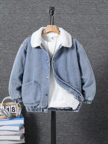 Tween Boys' Casual Versatile Thick Fleece Lined Lapel Open Front Loose Fit Long Sleeve Denim Jacket, Thick Outerwear Suitable For Outdoor, Dining, Vacation, Snowy Weather Autumn Winter Clothes For Women