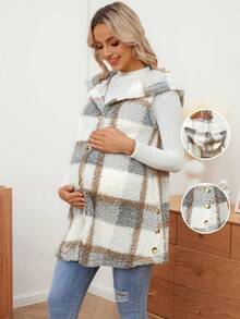 SHEIN Chaqueta de maternidad regular, cómoda y casual con cremallera delantera a cuadros - Multicolor - Ver 1