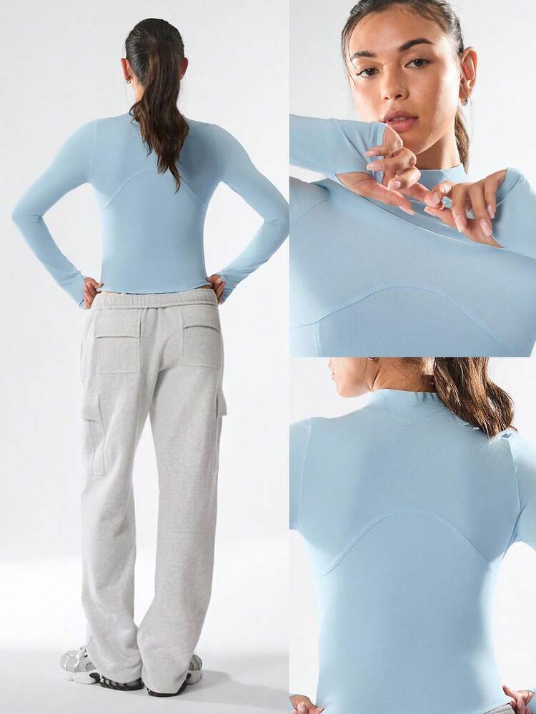 Vintage Wash Pima Cotton Waist-Length Long-Sleeve Top With Thumbholes Gym Studio Hike Active Daily Casual Wear