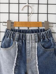 SHEIN Streecool Kids 小男孩个性化街头拼布设计破洞下摆牛仔裤