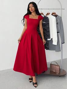 Teen Girls Casual Elegant Simple Exquisite Commuting Daily New Year Square Neck Pleated A-Line Red Midi Dress Suitable For Girls, Tea Party Dresses, Red Graduation Dresses,  Square Neck Dress, Red Dress, Cap Sleeve Dress, Pleated Dress