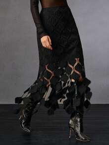 Anewsta 女款新款黑色爱心蕾丝流苏裙优雅欧美街头风适合冬季 - 黑色 - 查看 5