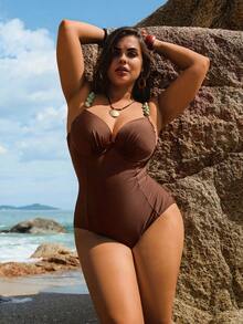 Swim Lushoire Plus Size Shiny Solid Color Adjustable Strap One-Piece Swimsuit With Decor, Elegant Design Suitable For Beach, Pool, Party - Brown - View 5