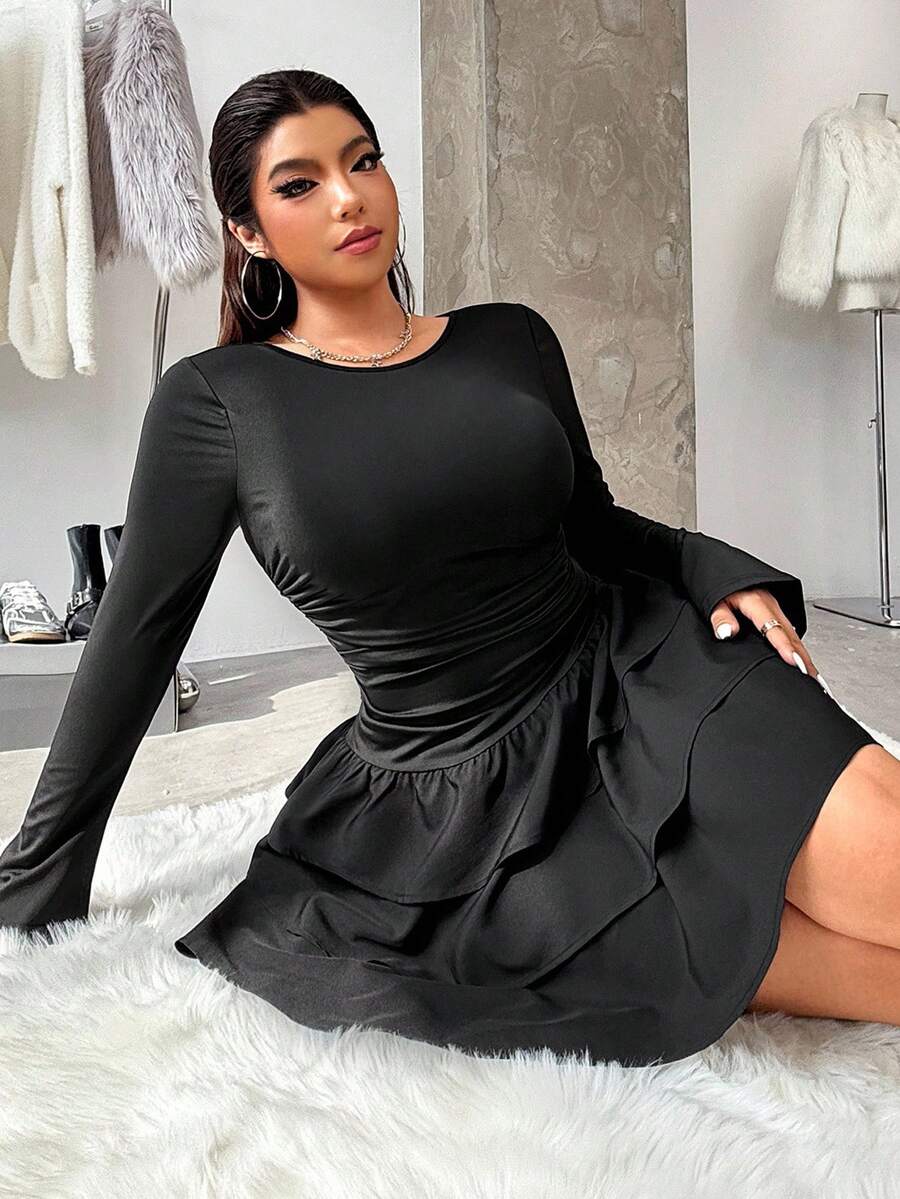 SHEIN EZwear 大码女式黑色休闲优雅荷叶边下摆连衣裙,秋季 - 黑色 - 查看 1