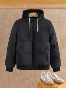 Manfinity VCAY Men's Solid Color Zip Front Drawstring Hooded Casual Winter Long Sleeve Coat Streetwear Y2k - Black - View 1