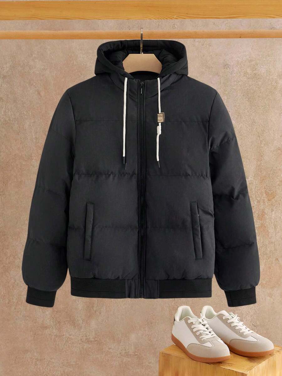 Manfinity VCAY Men's Solid Color Zip Front Drawstring Hooded Casual Winter Long Sleeve Coat Streetwear Y2k - Black - View 1