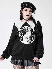 ROMWE Goth 女式撞色蝙蝠领猫咪印花运动衫 - 黑色 - 查看 5