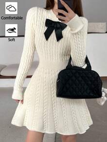 SHEIN Teen Girls Sweater Dresses Elegant Contrast Bow Decor Waisted Cable Knit Sweater Dress/Halloween/Fall/Winter/Glowmode/Autumn/Christmas/Y2k/Pink Cute Girl Dress Long Sleeve White Cable Knit Sweater Dress Bow Knit Dress Korean Dress For Teens - Apricot - View 7