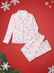 Mischievous Teen Girl Lapel Collar Long Sleeve Top & Pants Pajama Set, Comfortable Sleepwear, Christmas