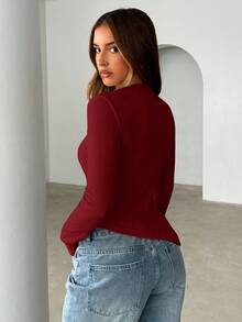 Siren Gaze Women's Round Neck Long Sleeve T-Shirt Christmas Winter New Year Red Burgundy Casual Spring Valentine's Day - Burgundy - View 2