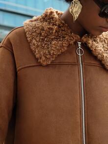 Lumivelle 棕色仿鹿绒复合毛皮女式夹克，秋冬款