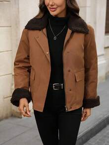 EMERY ROSE Women's Casual Zip-Up Thermal Lined Jacket With Sherpa Collar, Autumn/Winter Women's Winter Coat Brown Jacket - Brown - View 9