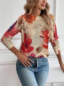EMERY ROSE New Autumn Casual Loose Hollow Out Mesh Layered Fashionable Knit Blouse For Women Fall Sweater - Camel - View 4